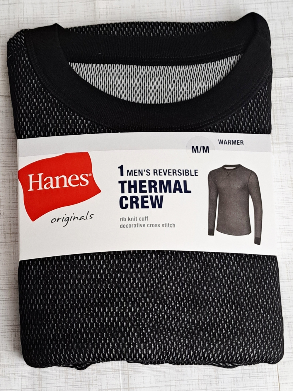 Hanes Original Men's Reversible Thermal Crew Long Sleeve Shirt  Top - Black
